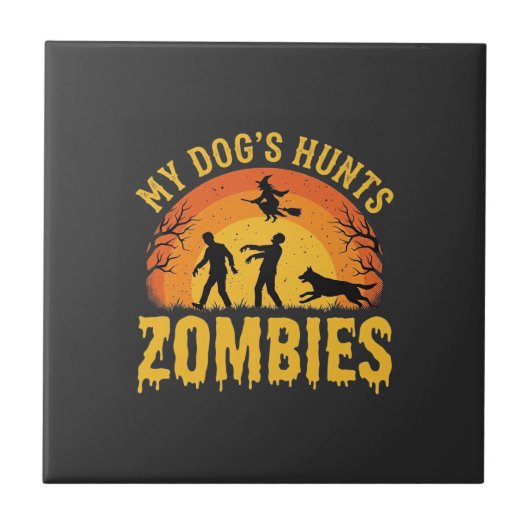 Hond Jaagt op Zombies Halloween-ontwerp Tegeltje (Voorkant)