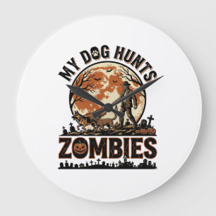 Hond Jaagt op Zombies Vintage Halloween Vectorontw Grote Klok