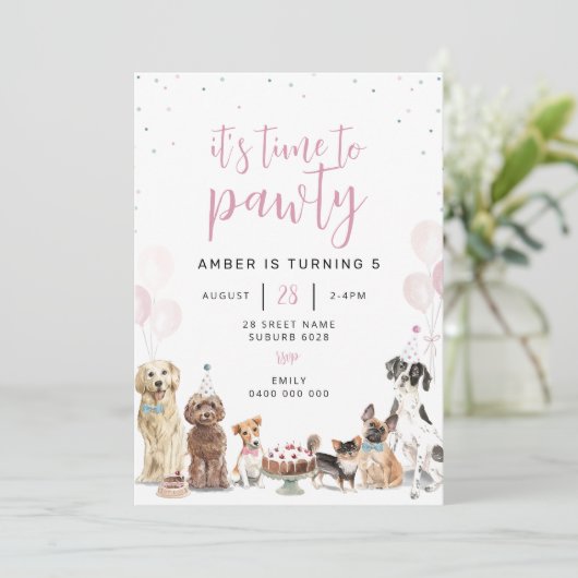 Hond laat pawty verjaardag uitnodiging (Staand voorkant)