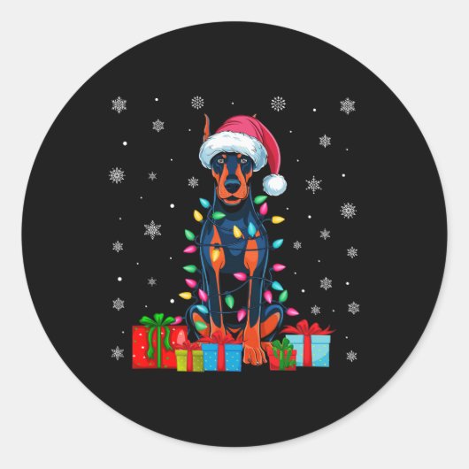 Hond Lelijke Kerstverlichting Santa Doberman Pinsc Ronde Sticker (Voorkant)