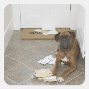 Hond liegend door een portier en kauwmail vierkante sticker