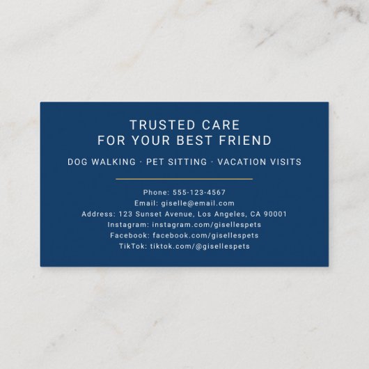 Hond lopen en huisdier zitten Navy Blue Modern Visitekaartje (Achterkant)