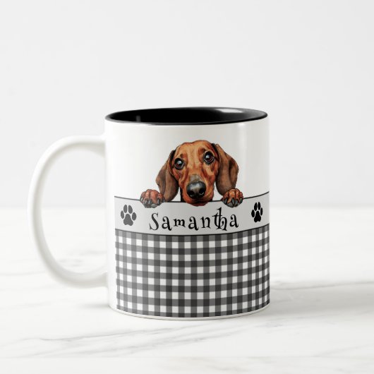 Hond Mam Dachshund aangepaste tekst Tweekleurige Koffiemok (Links)