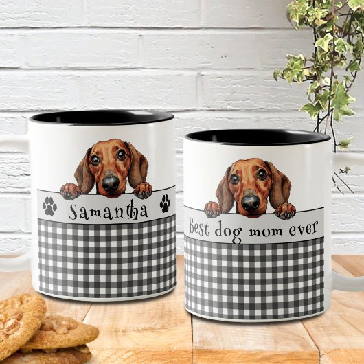 Hond Mam Dachshund aangepaste tekst Tweekleurige Koffiemok