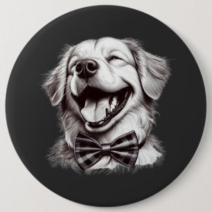 hond met boog stropdas lachen ronde button 6,0 cm