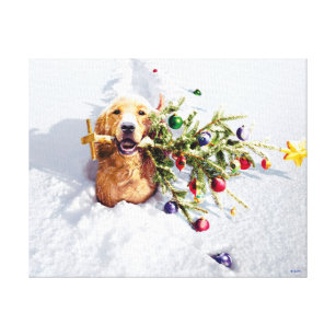 Hond met boom in sneeuw canvas afdruk
