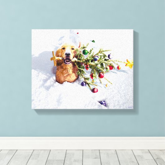 Hond met boom in sneeuw canvas afdruk (Insitu (Houten vloer))