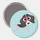 Hond met bril op blauw en wit Gingham Design Magneet (Voorkant / Achterkant)