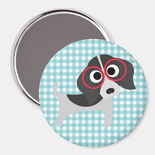 Hond met bril op blauw en wit Gingham Design Magneet (Voorkant / Achterkant)