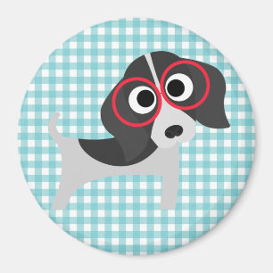 Hond met bril op blauw en wit Gingham Design Magneet