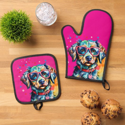 Hond met Bril Ovenwant & Pannenlap Set (Top down)