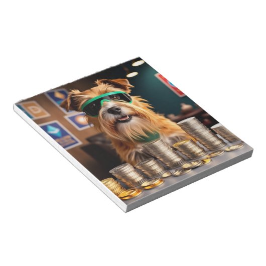 Hond met crypto munten notitieblok (Schuin)