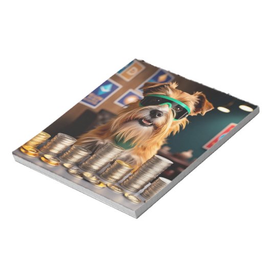 Hond met crypto munten notitieblok (Linkerzijde)
