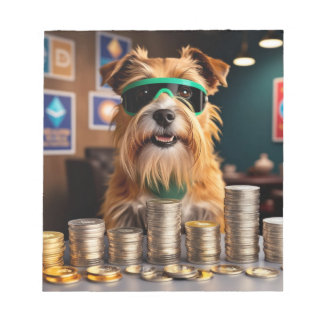 Hond met crypto munten notitieblok