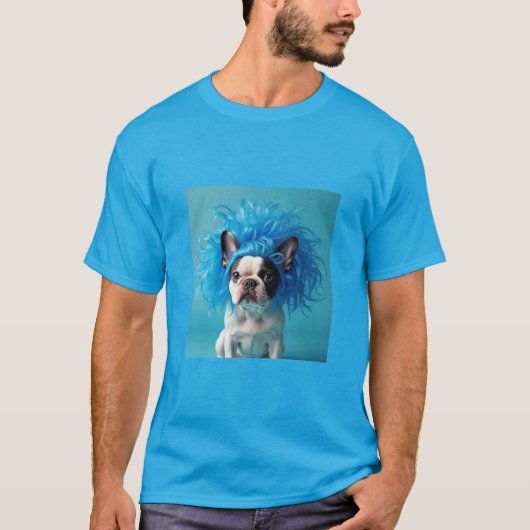 Hond met een blauw pruik T-shirt (Voorkant)