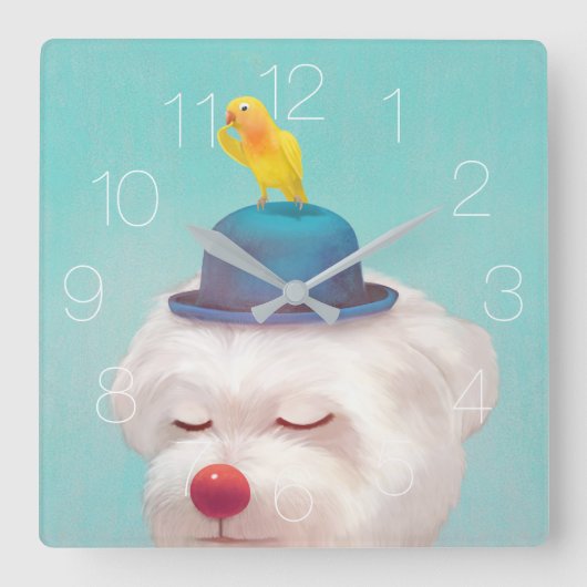 Hond met een Bowler Pet Square Wall klok (Voorkant)