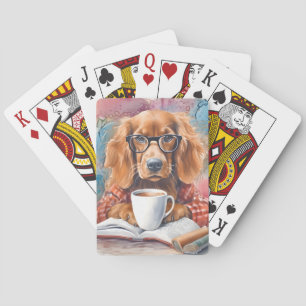 Hond met een kopje warme chocolademelk pokerkaarten