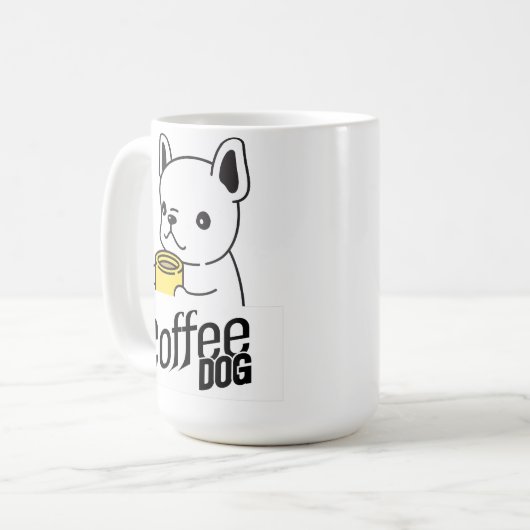 Hond met een mok zegt koffiehond (Voorkant links)