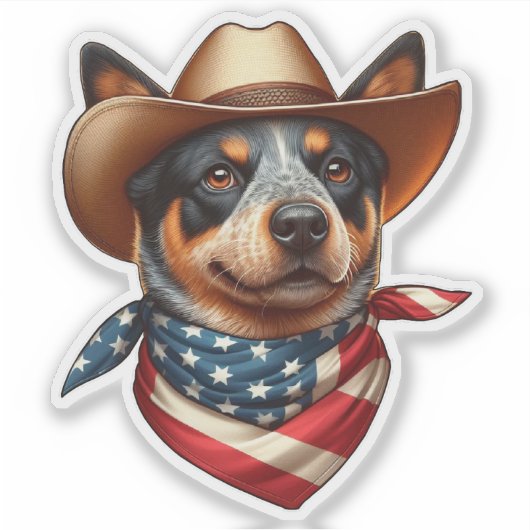 Hond met een Pet en Amerikaanse vlag Bandana Sticker (Voorkant)