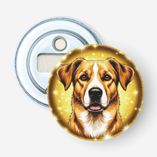 Hond met gouden achtergrond button flesopener (Voorkant)