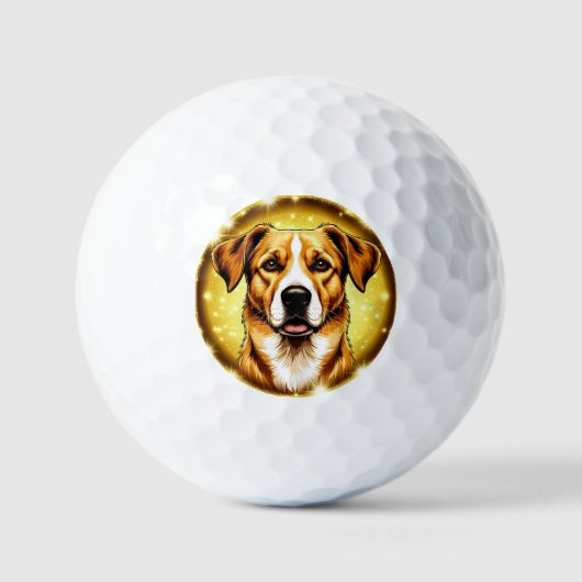 Hond met gouden achtergrond golfballen (Voorkant)