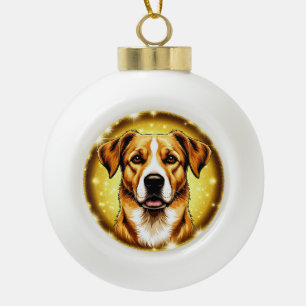 Hond met gouden achtergrond keramische bal ornament