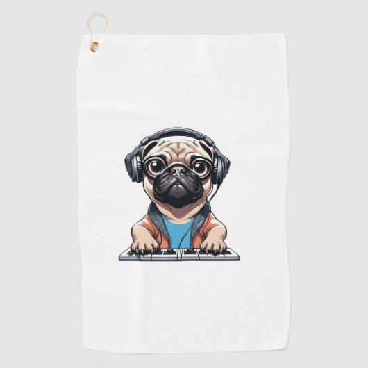 Hond met hoofdtelefoon 1 golfhanddoek (Voorkant)