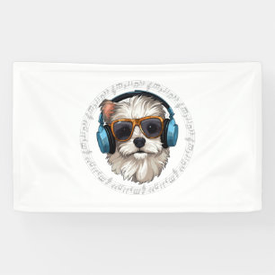 hond met hoofdtelefoon hond met bril luisteren spandoek