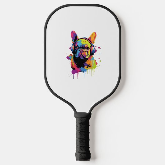 Hond met Hoofdtelefoon Kleurrijk Pickleball Paddle (Voorkant)