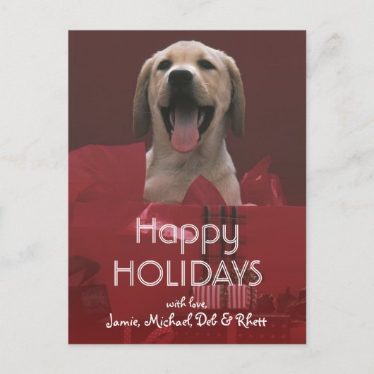 Hond met kerstcadeaus feestdagenkaart (Voorkant)