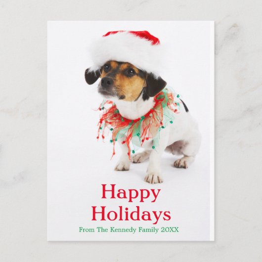 Hond met kersthalsband en kerstmuts feestdagenkaart (Voorkant)