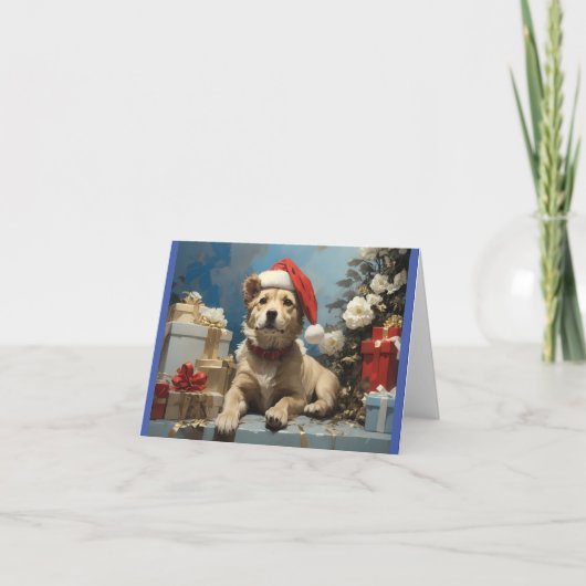 Hond met kerstmuts en veel geschenkdozen bedankkaart (Voorkant)
