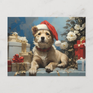 Hond met kerstmuts en veel geschenkdozen briefkaart