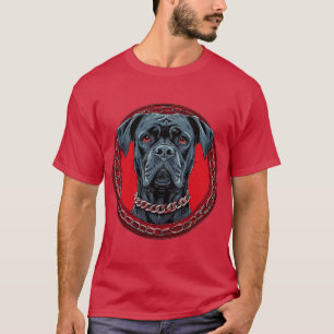 Hond met kettinghalsband en opvallende achtergrond t-shirt