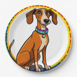 Hond met kleurrijke halsband binnen decoratieve ci papieren bordje