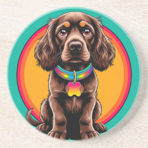 Hond met kleurrijke halsband binnen decoratieve ci zandsteen onderzetter