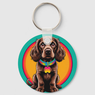 Hond met kleurrijke halsband in decoratieve cirkel sleutelhanger