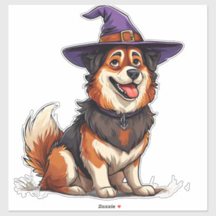 Hond met paarse tovenaarshoed op Halloween Sticker