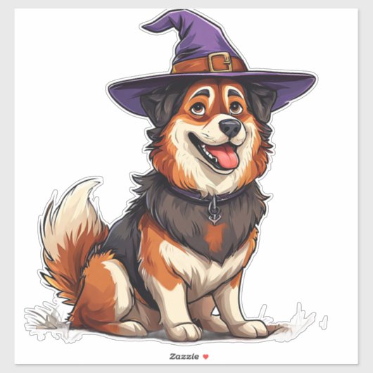 Hond met paarse tovenaarshoed op Halloween Sticker (Vel)