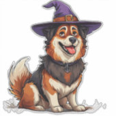 Hond met paarse tovenaarshoed op Halloween Sticker (Voorkant)
