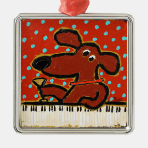 hond met piano- en martini-sieroog metalen ornament
