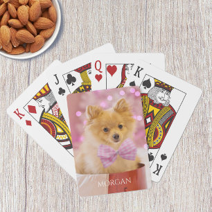 Hond met roze strik Stropdas of uw foto, naam Pokerkaarten