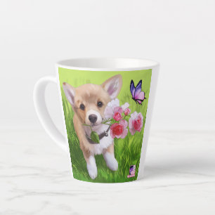 Hond met rozen bloemen latte mok
