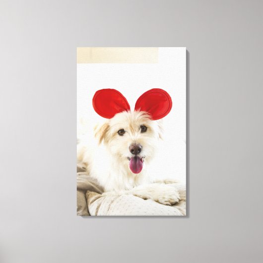Hond met speelgoed in bed canvas afdruk (Voorkant)