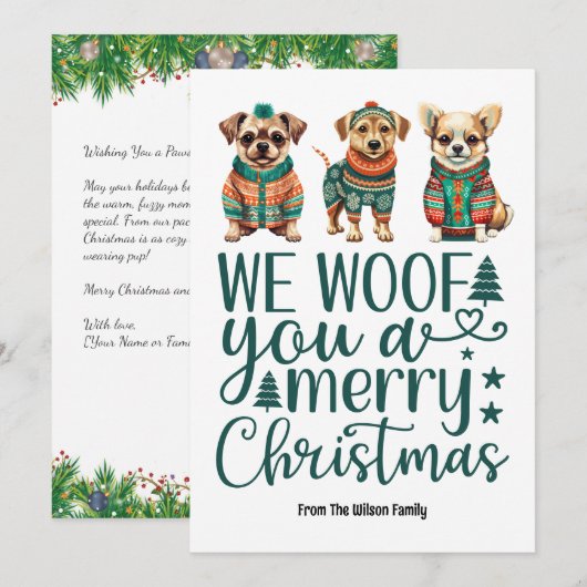 Hond met trui | Wij wensen u een vrolijk kerstfees Feestdagenkaart (Voorkant / Achterkant)