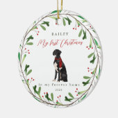 Hond Mijn eerste kerst met naam Zwarte Boxer Keramisch Ornament (Links)