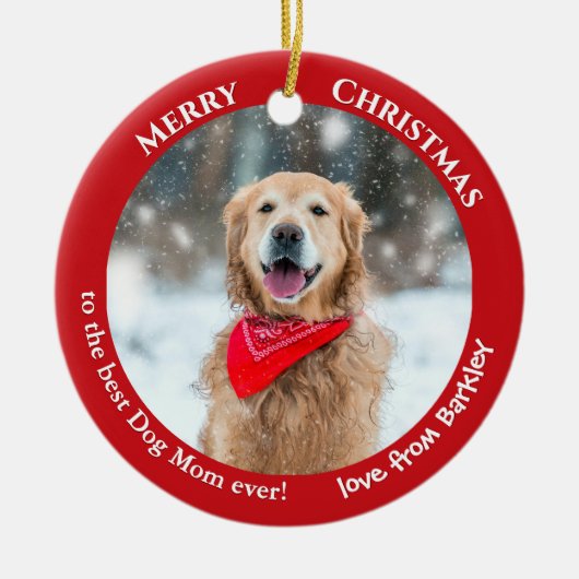 Hond Moeder Aangepaste Foto Rode Kerst Keramisch Ornament (Voorkant)