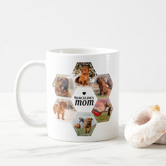 Hond Moeder Custom Fotocollage met Naam Zwart Wit Koffiemok (Met donut)