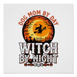 Hond Moeder Heks Bij Nacht Vintage Halloween T-shi Perfect Poster