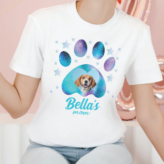 Hond Moeder Poot Custom Foto Blauw Glitter T-shirt